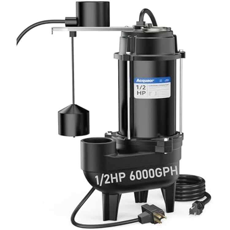 Acquaer Sewage Pump Submersible Water Pump with Automatic Float Switch, for Sump Basin, Residential Sewage, Black, 2 NPT 12 HP 6000 GPH Vert. Float