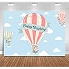 Sensfun Hot Air Balloon Adventure Backdrop Kids Birthday Party Cake Table Decorations Blue Sky White Clouds Up Up and Away Photography Background Pink Hot Air Balloon 1st Birthday Photo Banner 7X5ft