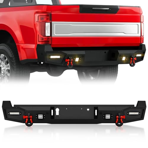 Rear Step Bumper Compatible with 2017-2025 4th Gen Ford F250 F350 F450 Super Duty Off-Road Pickup Truck Rear Bumpers with Sensor Holes, 4 x 18W LED Lights, Paintable Armor & D-rings, Black
