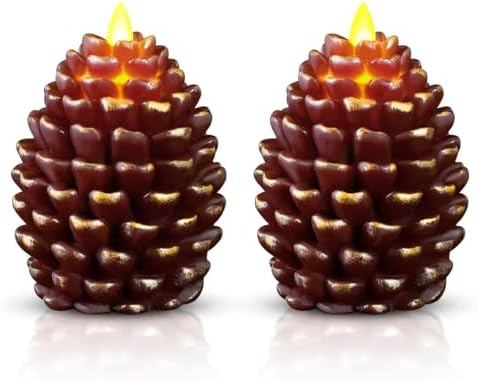 Christmas Pinecone Candles Flameless,Battery Operated Candles with Flickering Wick,Indoors Fake Candle,Christmas Candle Pine Cones Holiday Decor,Winter Thanksgiving Decorations,Set of 2