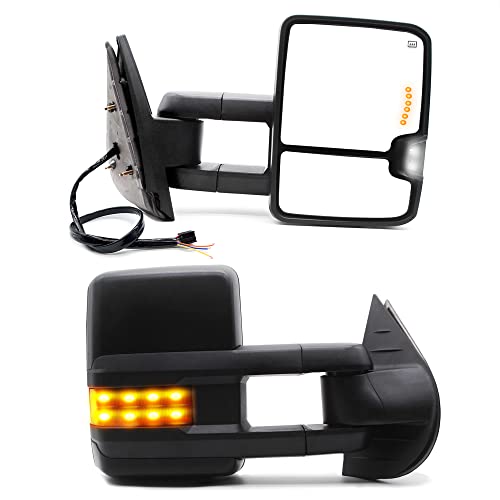 BOOLEE Towing Mirrors fit for 07-14 Chevy Silverado 1500 2500 3500 GMC Sierra Yukon Tahoe Power Heated Smoked Turn Signal Arrow Lamp Auxiliary Light Manual Telescopic LH RH Tow Mirrors Black Housing