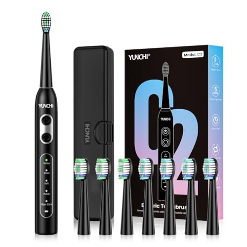 YUNCHI Electric Toothbrush for Adults, Kids Electric Toothbrush,Rechargeable Toothbrushes with 8 Brush Heads, Travel Case, 2 Min Timer, IPX7 Waterproof, 5 Modes, Black