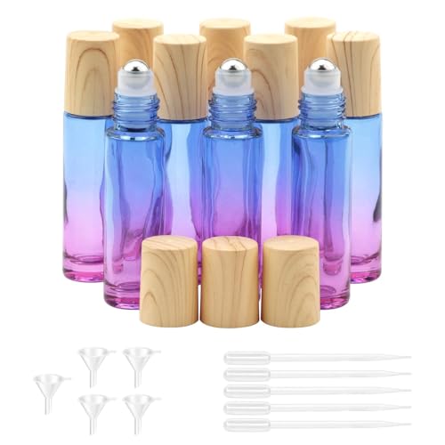Kesell 10pcs 10ml Mini Blue-purple Gradient Essential Oil Roller Bottles with Stainless Steel Roller Ball and Plastic Lid for Aromatherapy, Essential Oils, Perfumes and Lip Balms