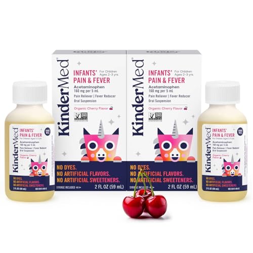 KinderMed Infants Pain & Fever Medicine, No Dyes, No Artificial Flavors, No Artificial Sweeteners, Vegan, Non-GMO, Gluten Free, Organic Cherry Flavor, Two Pack, 2 x 2 fl. oz