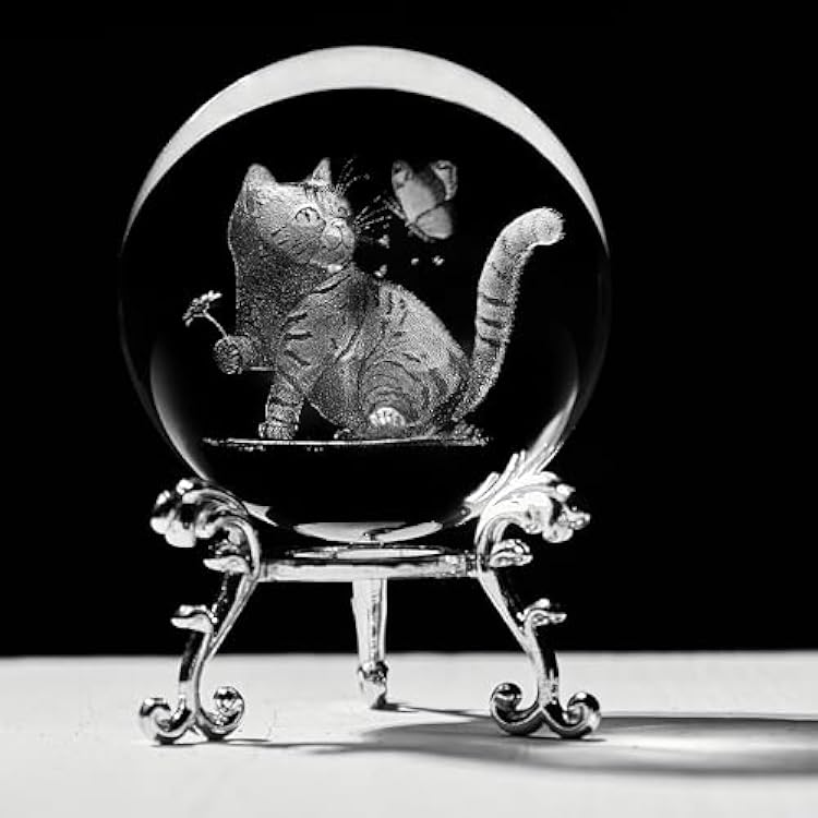 60mm Cat Lover Gifts 3D Crystal Cat Decorative Ball Paperweight - 3D Laser Engraved Cats Butterfly Figurine in Crystal Glass Sphere - 3D Kitten Collectibles Kitty Snow Globes Gift