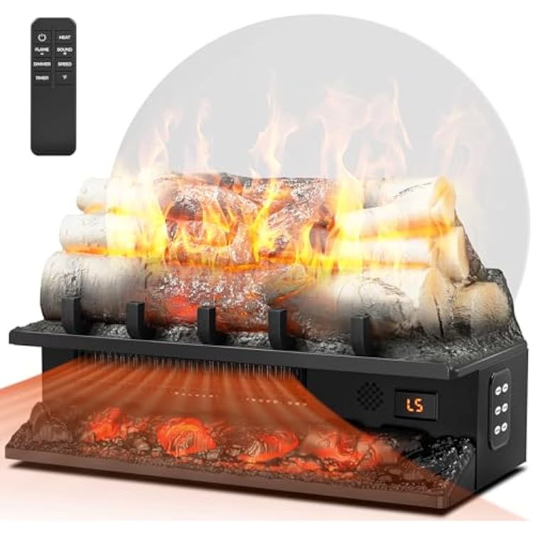 Joy Pebble Electric Fireplace Log Heater 750W1500W, 20 Electric Fireplace Insert Log Set, Adjustable 5 Flame Brightness&Speed,4 Sound of Flame,Remote Control&8H Timer for Home Room