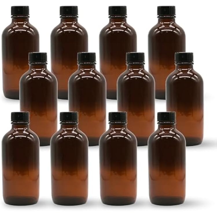 MagJo Naturals, Boston Round Glass Bottles with caps 4 Ounce Amber 12 Pack 4 oz glass bottles with lids, amber brown glass bottles, packaged in the USA
