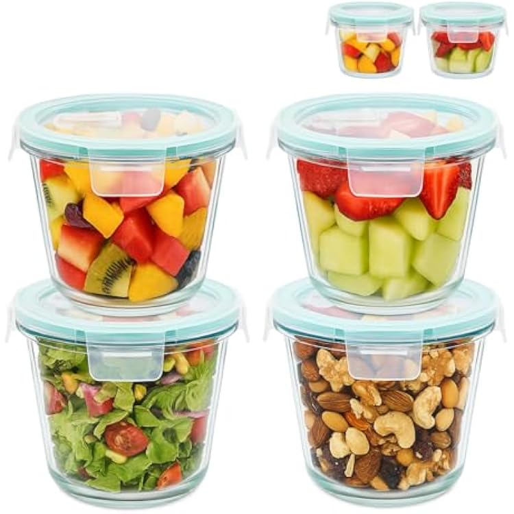 Encheng 4 Pack Glass Soup Containers with Lids,3 Cup Round Glass Meal Prep Container for Leftovers, Reusable Glass Food Storage Containers for Microwave, Dishwasher Bonus 4oz Small Container
