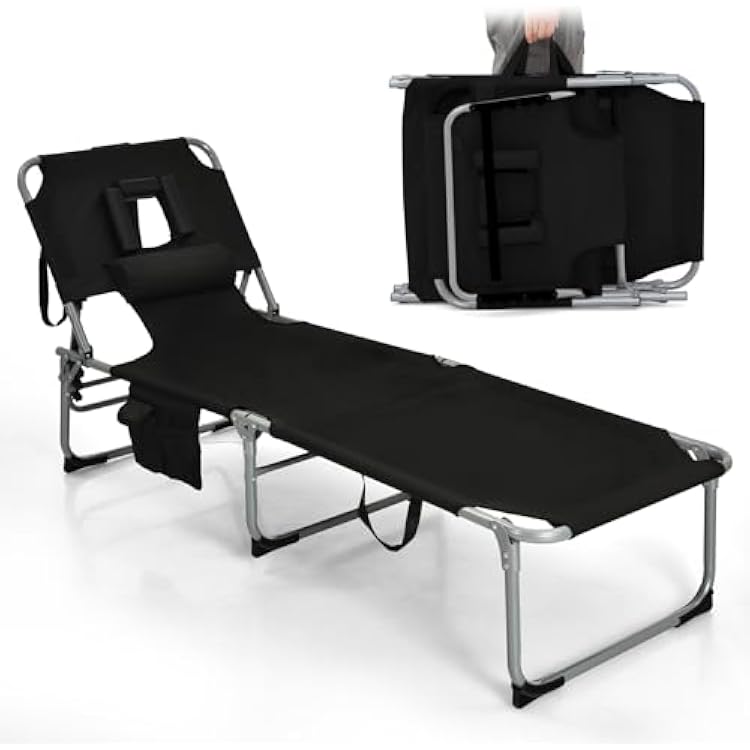 Goplus Tanning Chair, Folding Adjustable Patio Lounge Chair with Face Hole, Removable Pillow, 330LBS, Carry Strap, Outdoor Sunbathing Chair, Lightweight Portable Beach Lounge Chair, No Assembly