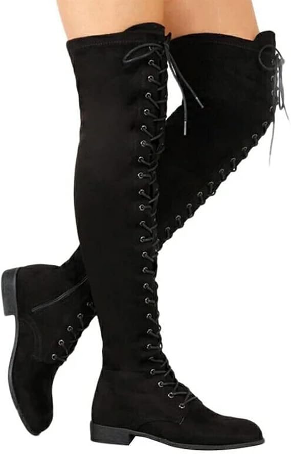 ZBYY Women's Over The Knee Low Heel Lace Up Tall Boots Fashion Side Zipper Thigh High Stretchy Boots Casual Riding Booties