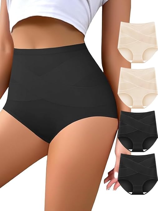 Women's High Waisted Underwear Slightly Tummy Control Cotton Panties Full Coverage Postpartum Briefs 4 Pack