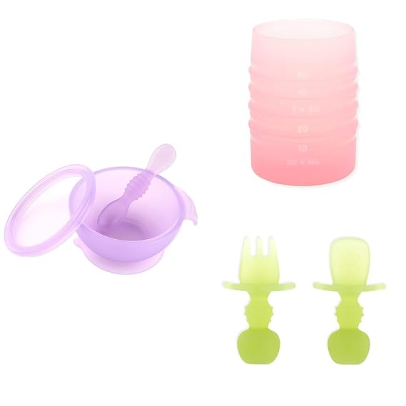 Bumkins Baby Bowl, Silicone Feeding Set with Suction for Baby and Toddler, Includes Double-Ended Spoon and Lid, Set of Chewtensils Training Utensils and Starter Cup, for Baby Led Weaning 4 Mos Up