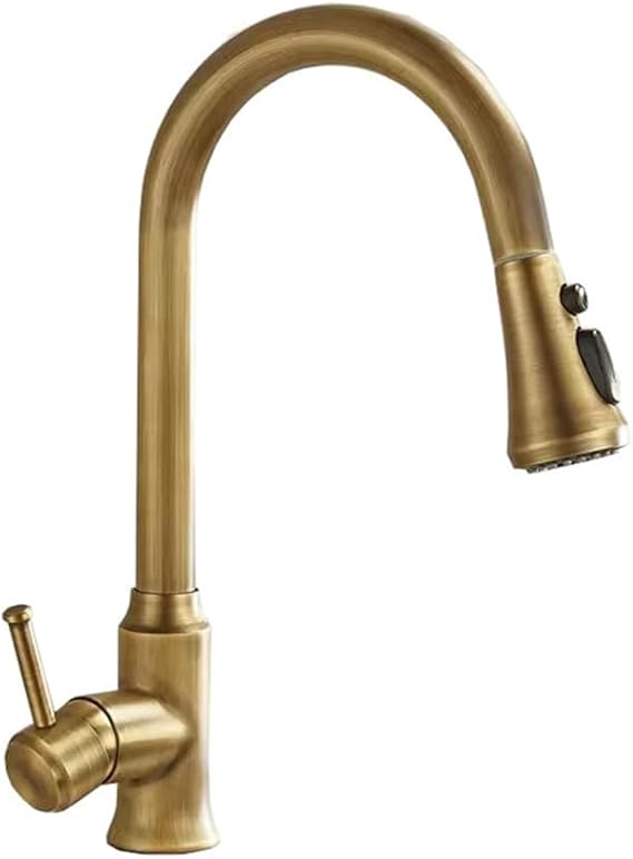 Kitchen Tap with Pull Out Spray High Arc Pull Down Kitchen Sink Mixer Taps with 2 Spray Mode, Antique Style Brass Single Lever 360° Swivel Commercial Kitchen Faucet, 1 Hole, Antique Brass Finished