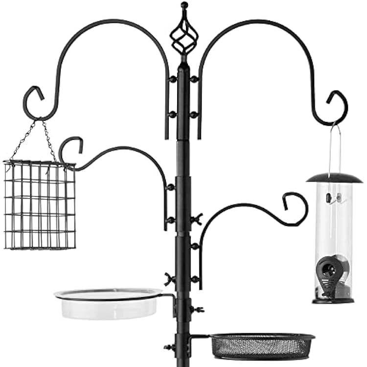 Best Choice Products 91in 4-Hook Bird Feeding Station, Steel Multi-Feeder Kit Stand for Attracting Wild Birds w 2 Bird Feeders, Mesh Tray, Bird Bath, 4-Prong Base - Black