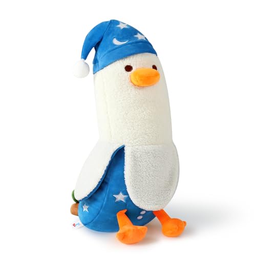 PEACH CAT Cute Long Banana Duck Plush Pillow Toy Cute Duck Plushie with Nightcap Duck Stuffed Animal for Kids White and Blue 19.7