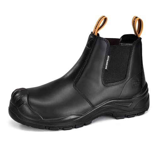 SAFETOE Safety Boots for Men Waterproof Work Boots Cow Leather Slip On Chelsea Composite Toe Cap Work Shoes Wide Fit