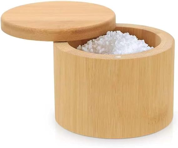 karmiero Salt Cellar, Bamboo Salt Container with Lid, Solid Salt Box Holder with 360 Swivel Lid for Countertop to Store Pepper Spice, Elegant Flaky Salt Containers Bowl on Your Kitchen, 6OZ