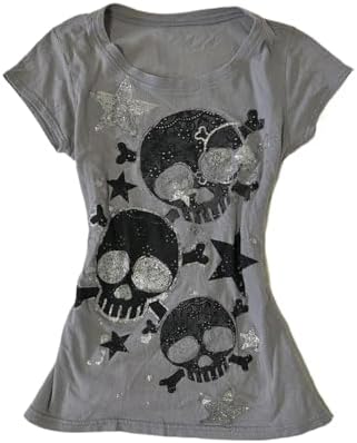 Women Grunge Skull Star Graphic Baby Tee Y2K Alt Indie Aesthetic T-Shirt Vintage 90s Gothic Slim Fit Harajuku Crop Top