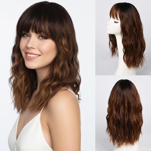 Long Brown Wigs with Highlights for Women Wavy Mid Length Brown Highlighted Wig with Bangs Curly Heat Resistant Synthetic Hair for Daily Party Cosplay Use 16 inch