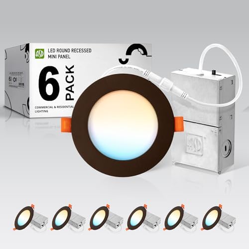 ASD 6 Pack LED Recessed Lighting 4 Inch 12W, 5 CCT 2700K-5000K CRI90, IC Rated Ultra Thin Dimmable Ceiling Lights with J Box, Canless Wafer Downlight, Round Slim Panel Light, UL Listed, Bronze