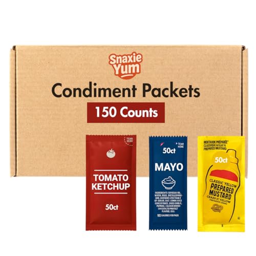 150 Pack Condiment Packets - Ketchup, Mustard, and Mayonnaise in Single Serve Pouch Conveinent Camping, Roadtrip, School and Office Gift set