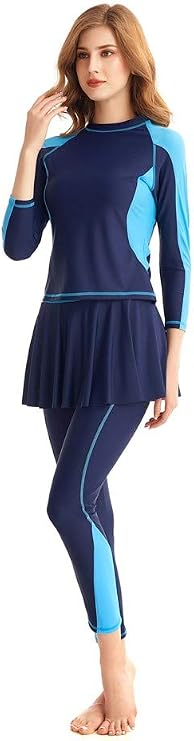 Women's Full Body Swimsuit Long Sleeve Long Leg Swimwear with Swim Skirt Set Rash Guard