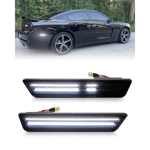 Dynamic White LED Rear Side Marker Lights for 2008-2014 Dodge Challenger &2011-2014 Charger, Smoked Lens Bumper Sidemarker Lamps with Dual Row, pack of 2