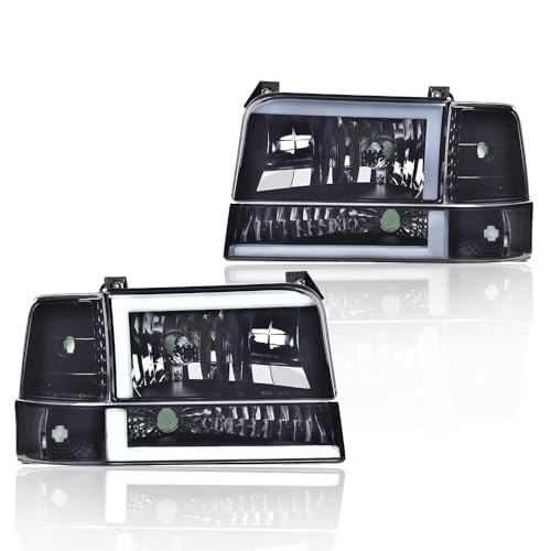 GRAND ORANGE LED DRL Headlights Assembly, Compatible with 1992 1993 1994 1995 1996 Ford Bronco F150 Fit 92-97 F250 F350 Super Duty wCorner Signal Smoky lens Black Housing Clear Reflector