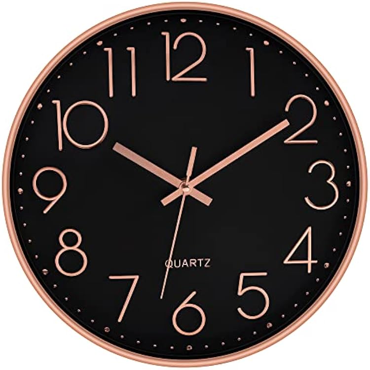 Foxtop Modern Wall Clock 12 Inch Non-Ticking Silent Battery Operated Round Quartz Rose Gold Wall Clock for Office Bedroom Living Room Kitchen Home School Decor Black Dial