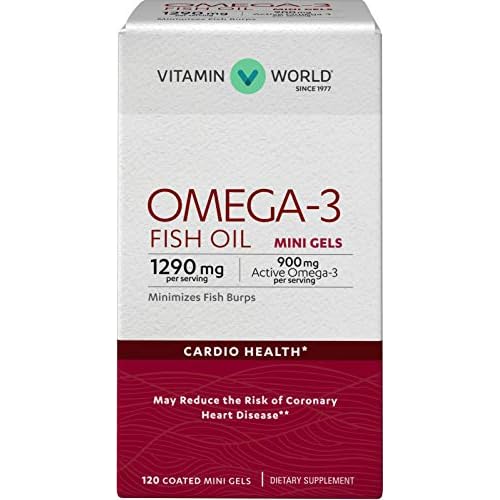 Vitamin World Omega-3 Fish Oil Premium Coated Mini Gels 900mg 120 Softgels, Heart Health, Cardio Support, Coated, Gluten Free