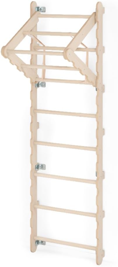 Rung Wall Children's Room Gymnastics Wall Children Toddlers Climbing Frame Indoor Gymnastics Wall Made of Natural Wood (210 cm) Gymnastics Rings Children with Rope Ladder Swing 100% Eco Made in EU