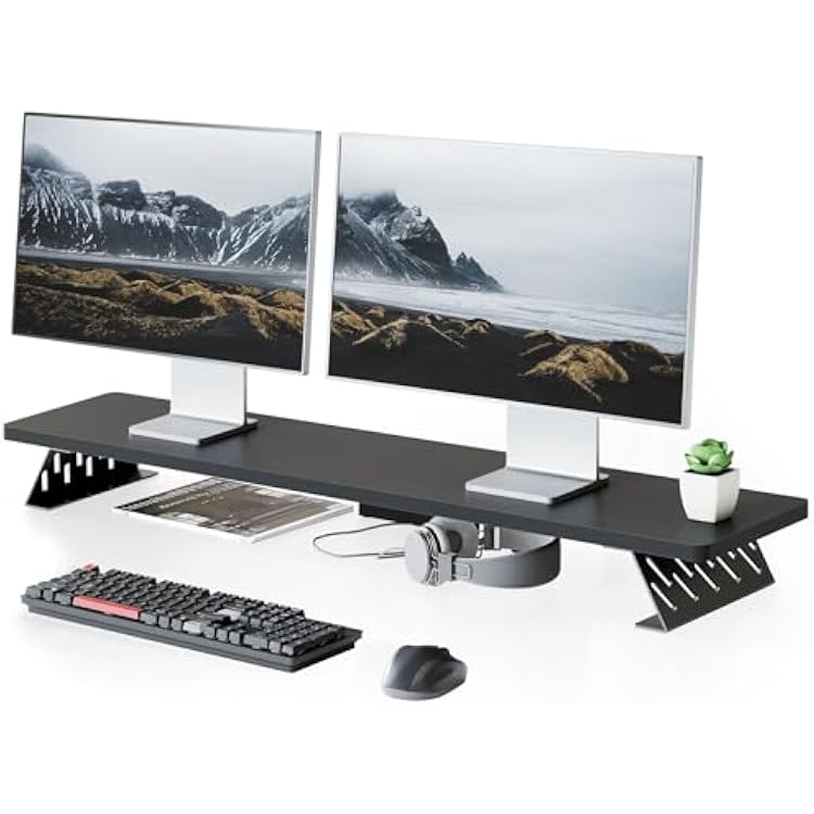 Fenge Dual Monitor Stand Riser, 42.5 Inch Desk Top Shelf for 2 Monitors, Computer Stands for Desk, Wood & Steel Desktop Riser for Laptop, PC, Printer