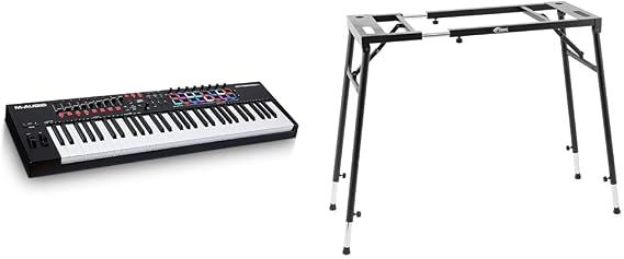 M-Audio Oxygen Pro 61 – 61 Key USB MIDI Keyboard Controller With Beat Pads, MIDI & TIGER KYS21-BK Adjustable Platform Keyboard Stand - Flat Top Stand for Keyboards and Mixers - Black