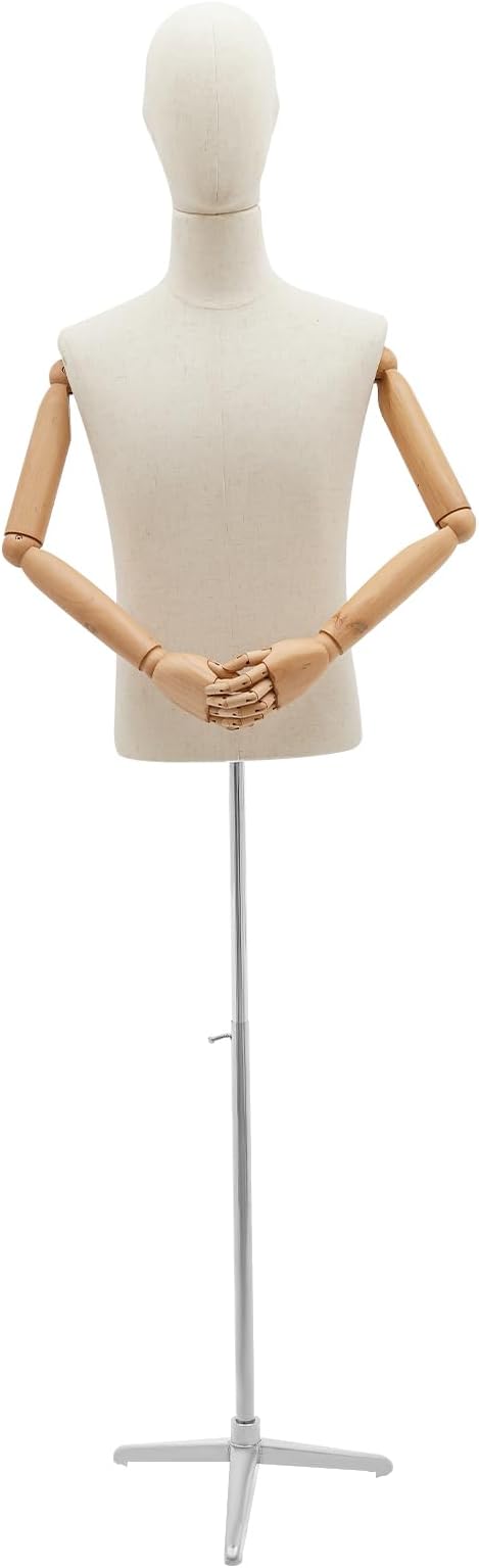 Male Mannequin Torso, 53-76in Height Adjustable Mannequins, Detachable Arms Half Body Display with Head and Tripod Metal Stand for Retail Clothing Shops, Retail Sewing Shop (Silver, Standerd)