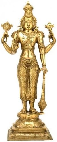 Big Lord Vishnu Brass Statue Standing Narayan Holding Club Idol 2168 Decor (20" H x 8.50" W x 6.75D) Gold