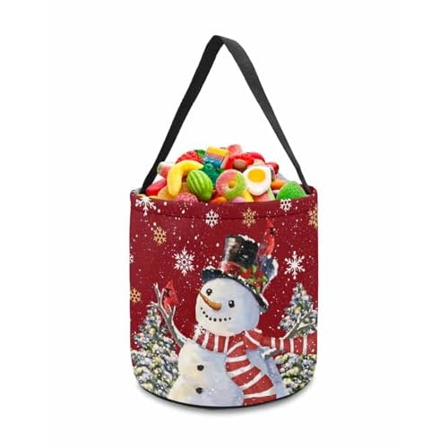 1 PCS Halloween Candy Bucket Trick Or Treat Tote Bags,Cute Snowman Christmas Tree Portable Grocery Goody Buckets Reusable Candy Basket for Holiday Party Favor,Winter Snowflakes Red