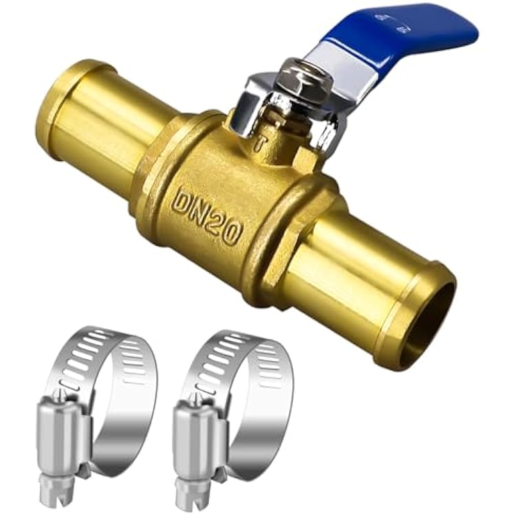 1 inch brass mini shut off ball barb valve for water fuel hose gas line rv air tubing, straight inlet manifold petcock 1pc with clamps kit