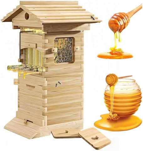Beehive Starter Kit, Complete Bee Box for Beekeeping with Honey Spout and Observation Window, Includes Carpenter Bee House for Garden Pollinators