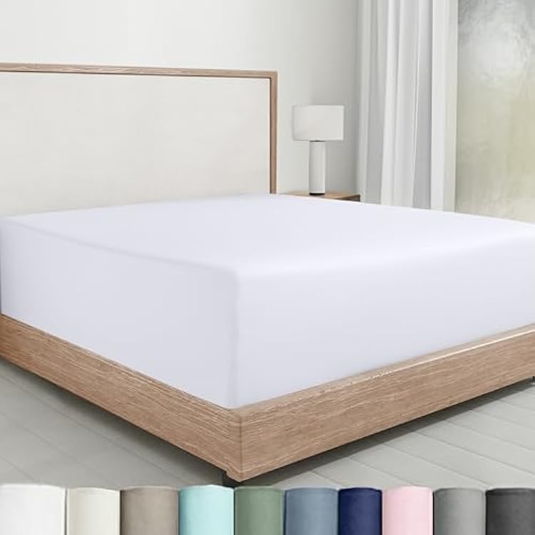 California Design Den Fitted Sheet Full Only, Soft 100% Cotton Sateen, Deep Pocket, Durable All-Around Elastic, HeadFoot Side Indicators, Full Size White Fitted Sheet