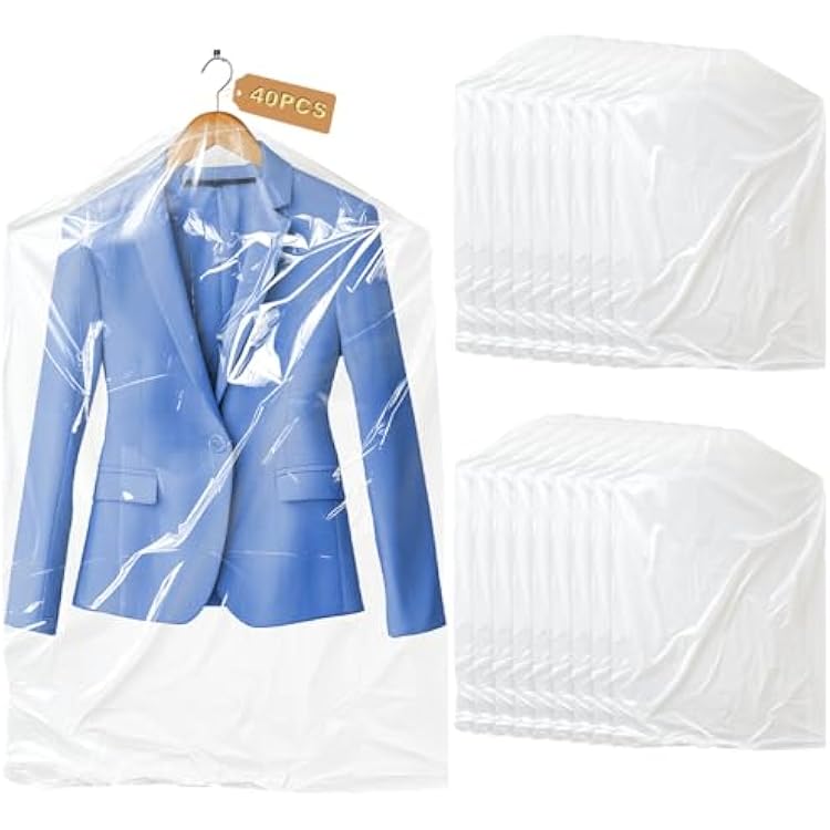 Gretchin 40 Pack Garment Bags - Set of 40, 60x90cm Plastic Dry Cleaning Bags for Hanging Clothes Storage