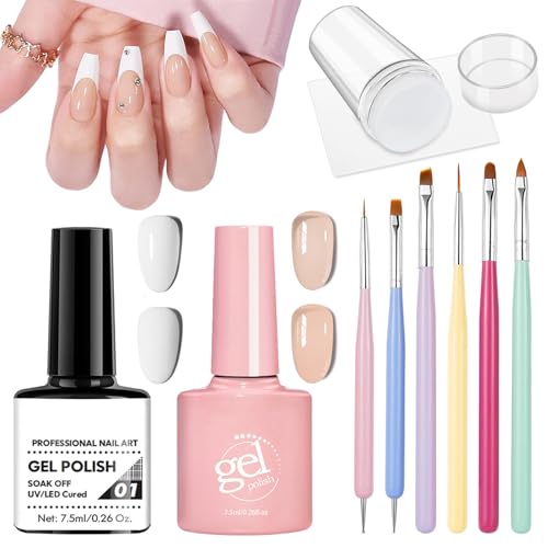 French Manicure Kit,French Nail Stamper,Nude and White French Tip Gel Polish,All-in-One French Nail Kit,Ease to Use French Tip Tool for Nail Art DIY Design - Set C