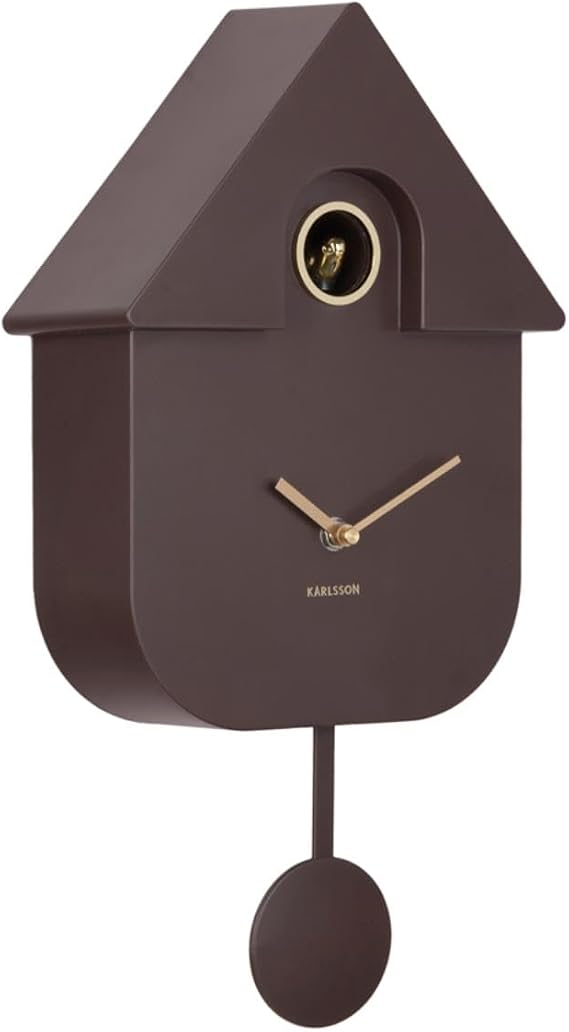 Karlsson Modern Cuckoo Oro Wall Clock in Earth Brown with Gold Details, Hourly Cuckoo Feature and Pendulum Battery Operated