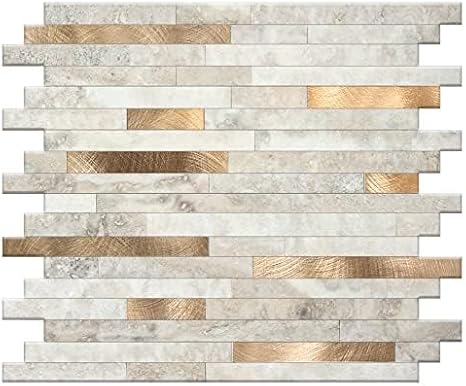KASARO Peel and Stick Marble Backsplash Tile, 1-Sheet, Beige Marble with Vintage Golden Stripes, Self-Adhesive Aluminum Wall Tile for Kitchen, Bathroom, Fireplace, RV (11.4x10.6, 4mm Thick)