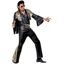Smiffys Elvis Costume in Black and Gold for Adults, Shirt, Trousers, Cape, and Belt, Officially Licensed, Black Flared Trousers with Gold Insert, Ideal for Matching Music-Themed Fancy Dress