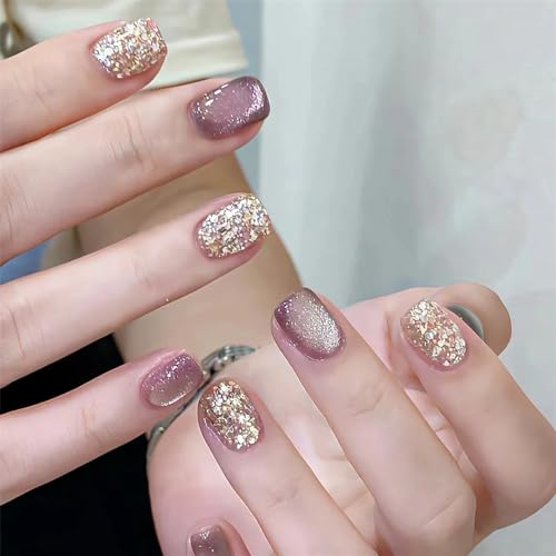 Cat Eye Press on Nails Short Square Fake Glue on Nails with Glitter Design for Women Girls Full Cover Artificial Acrylic Cat Eye False Stick on Nail for Daily Wear Wedding 24Pcs