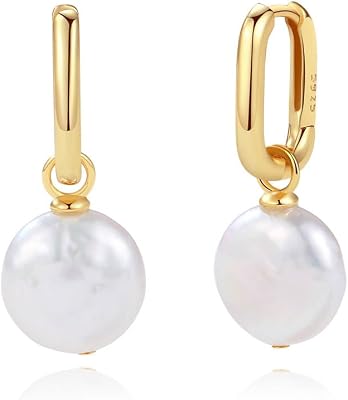 CAITLYNMINIMALIST Bridget Geometric Pearl Charm 18K Gold Sterling Silver Huggie Hoop Earrings for Women