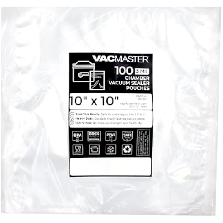 VacMaster 10 inch by 10 inch Heavy Duty 3 Mil Chamber Vacuum Sealer Bags - 1,000 Pre Cut Clear Chamber Machine Pouches Per Case, BPA Free, 30724