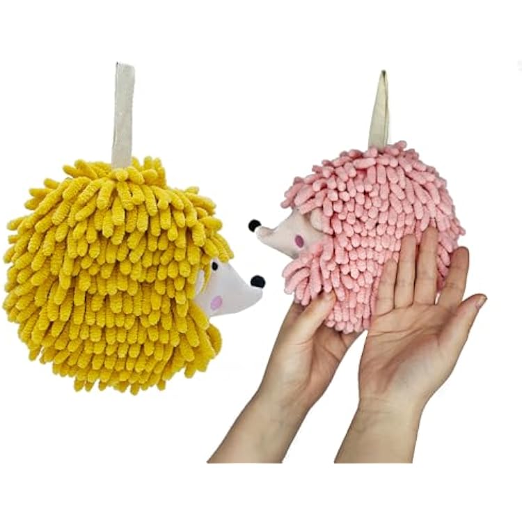 Fuzzy Ball Hand TowelsSet of 2-Absorbent Chenille Hedgehog Towels Dry Hands Quickly with Soft Cute Decorative Hand Drying Hanging Ball Towels for Bathroom Pink and Bright Yellow