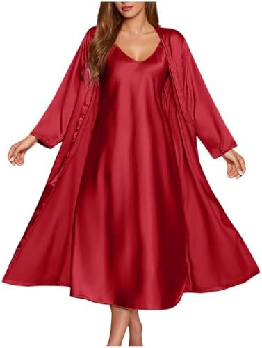 Satin Nightgown and Robe Sets for Women 2 Piece Sexy V-Neck Silk Slip Dress Long Chemise Sleepwear Pajamas with Belt