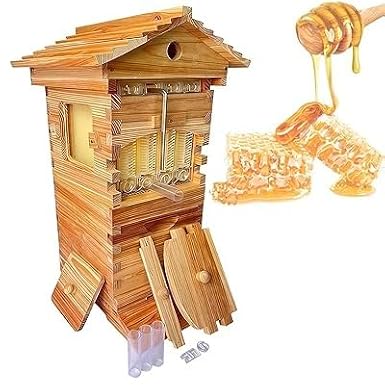 Self Flowing Beehive, Flow Hive Starter Kit for Beginners, Cedar Wood, Just Turn Key for Pure Honey, with Honey Spout and Observation Window, Holds 6000 Be-ES, 5 Min Assembly, Wax Treatment